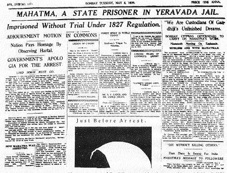 Newspaper report of Gandhi's arrest